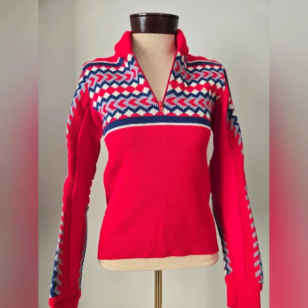 DEMETRE women's vintage virgin wool ski sweater. Red/white/blue. Size small - Picture 8 of 11